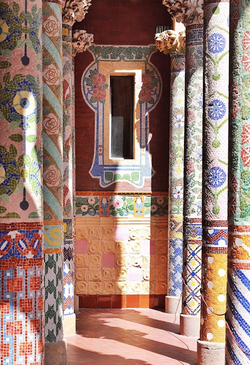 Columns Decorated with Mosaic at Palau de la Música Catalana, Barcelona, Spain