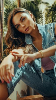 Portrait of a fashionable woman in denim vest sitting indoors with a serene expression.