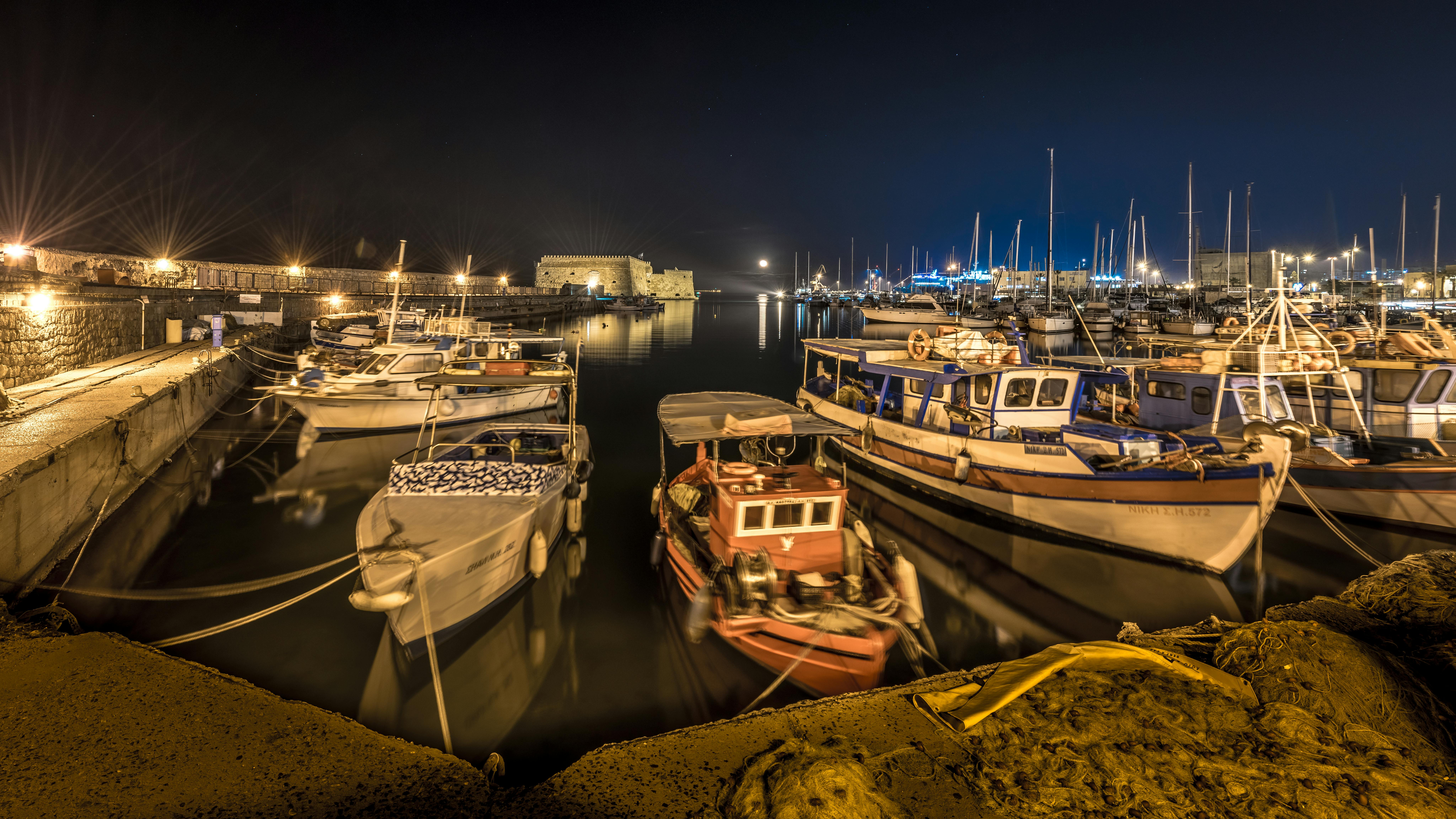 Free stock photo of fishing boats, harbour, night lights