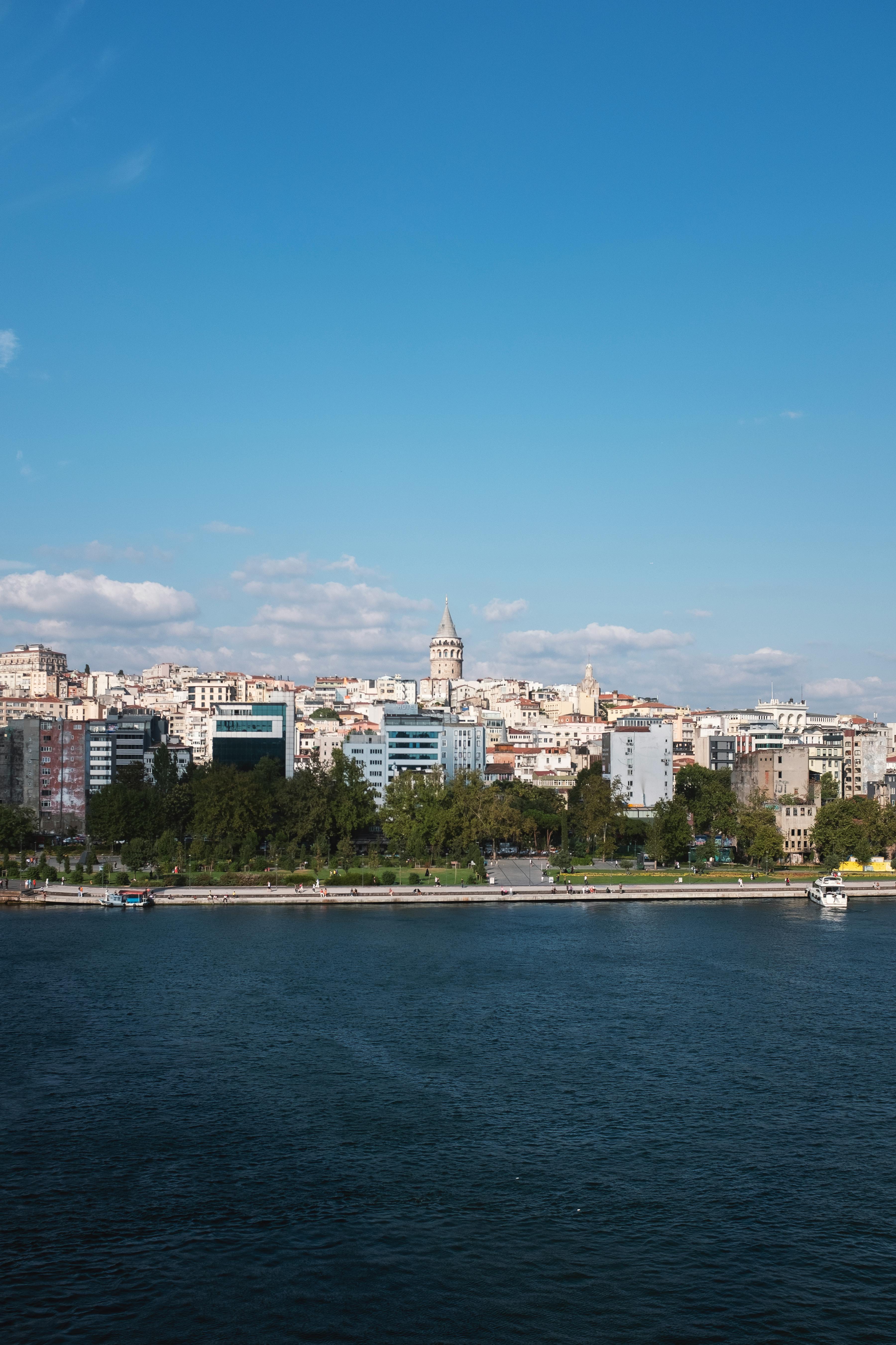 Panoramic view of Istanbul's skyline with the iconic Galata Tower under a clear blue sky.