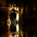 雨夜的街道上，一对撑着伞的夫妇以抽象的轮廓反射着路灯