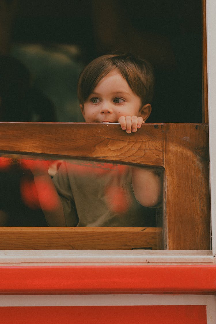 Child Peeking Over Wooden Plank