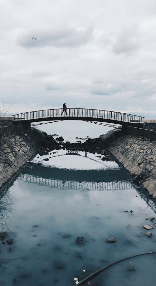 Photo of a Man Walking on a Footbridge on a Cloudy Day