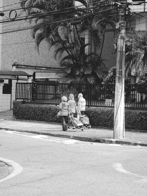 Elderly People with Luggage Walking on the Sidewalk