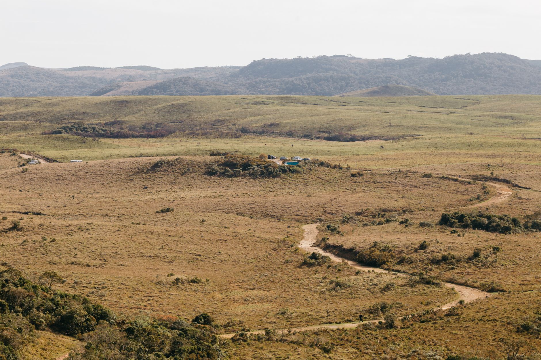 Expansive view of Cambará do Sul's grasslands with rugged mountains in the background.
