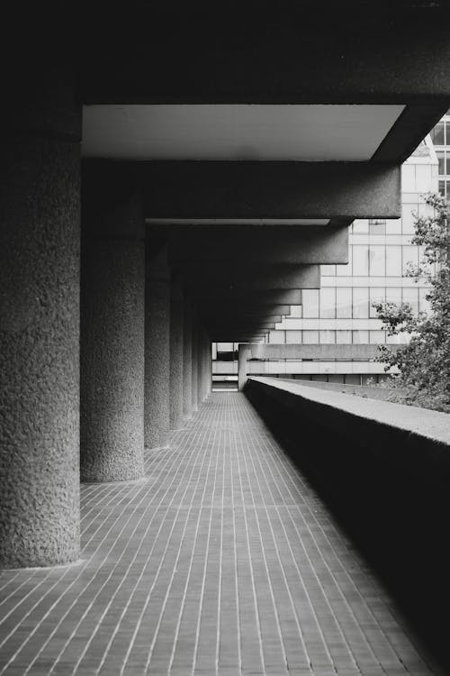 Contemporary Colonnade Supporting a Building Over the Walkway