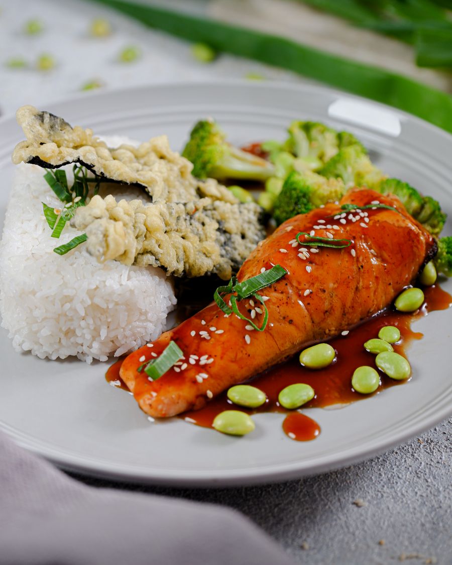 Salmon glaze recipes — teriyaki glazed salmon served with rice and vegetables