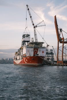 A large cargo ship moored at İstanbul harbor with towering cranes and calm waters.