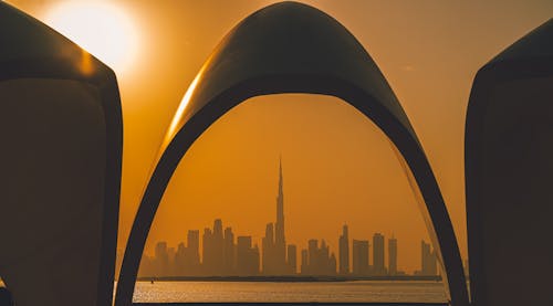 Skyline of Dubai with View of Burj Khalifa from the Dubai Creek Harbour Arch 