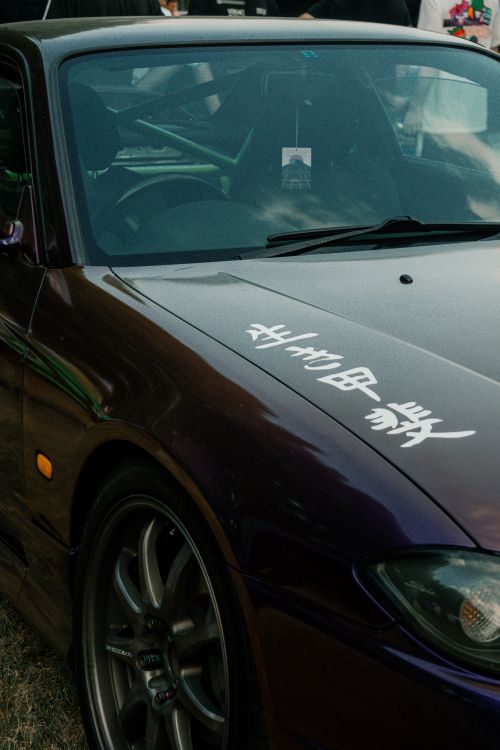 Free Close-up of a purple car with Chinese characters on the hood, parked outdoors. Stock Photo