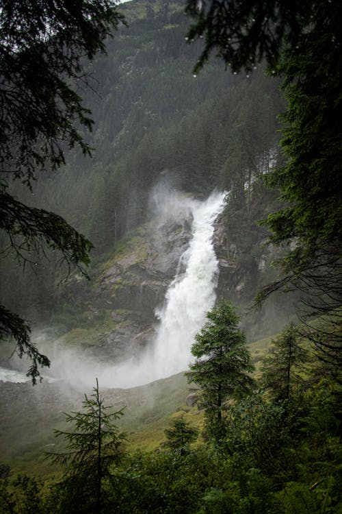 Splashing Waterfall surrounded by Green Coniferous Trees