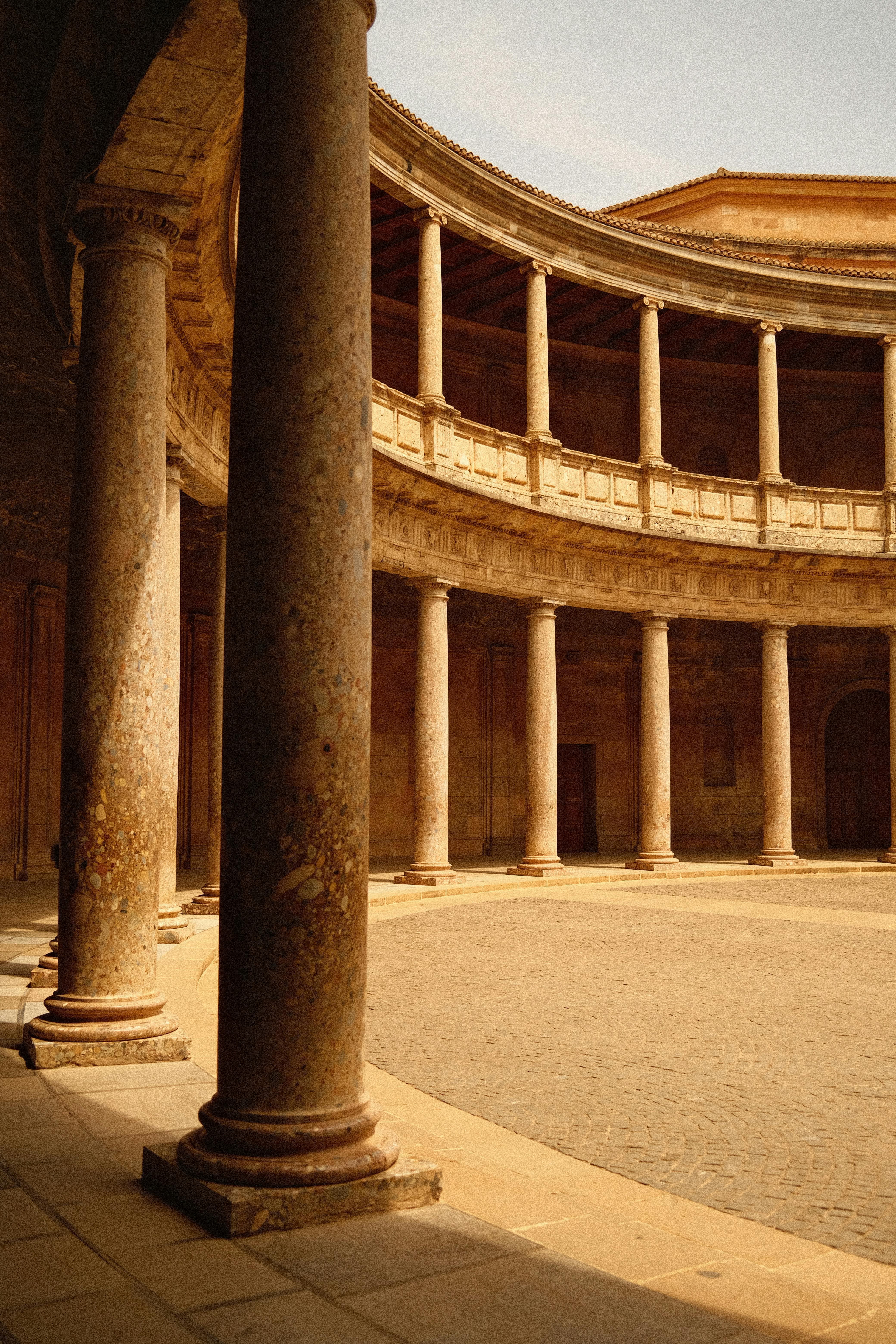 Stunning view of the Palace of Charles V courtyard in the Alhambra, Granada, Spain.
