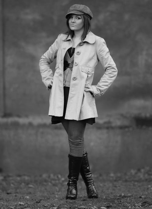 Woman Posing in Coat in Black and White