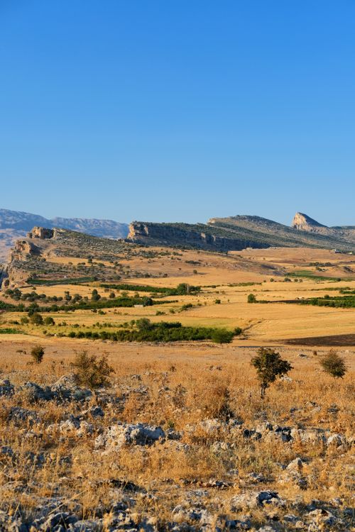 Free Explore a vast, sunlit countryside landscape with dry fields and distant mountains under a clear blue sky. Stock Photo