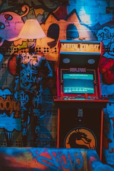 A colorful scene featuring a Mortal Kombat arcade machine and graffiti art indoors.