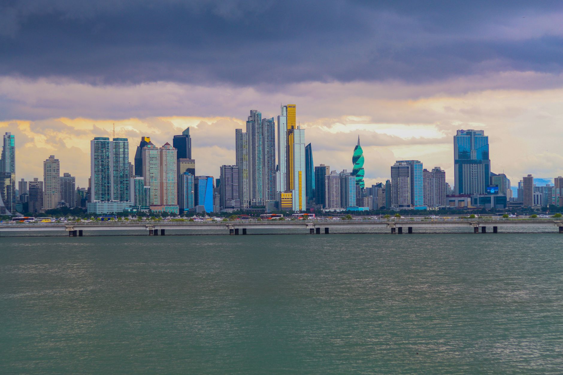 Skyline of Panama City, Panama with modern skyscrapers along the Cinta Costera waterfront.