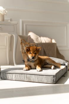 A cute Shiba Inu puppy lying on a cushion in a sunlit, stylish bedroom.
