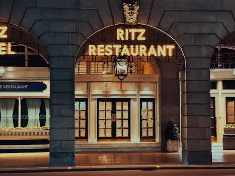 Captivating view of the iconic Ritz Restaurant entrance under illuminated arches in London.