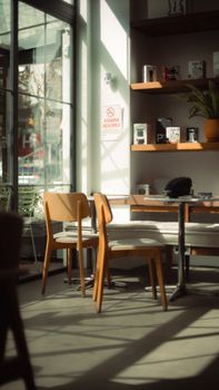 Warm, sunlit café interior with modern design and wooden furniture in Istanbul.