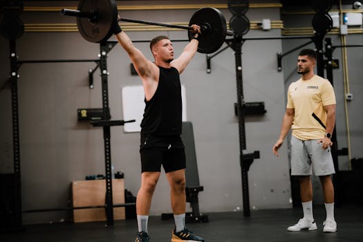 Male athlete lifting barbell with his trainer observing in a modern gym setting.