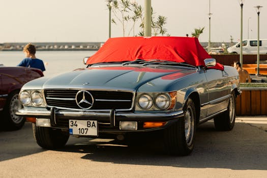 Classic Mercedes convertible at a car event by the Bosphorus in Istanbul.