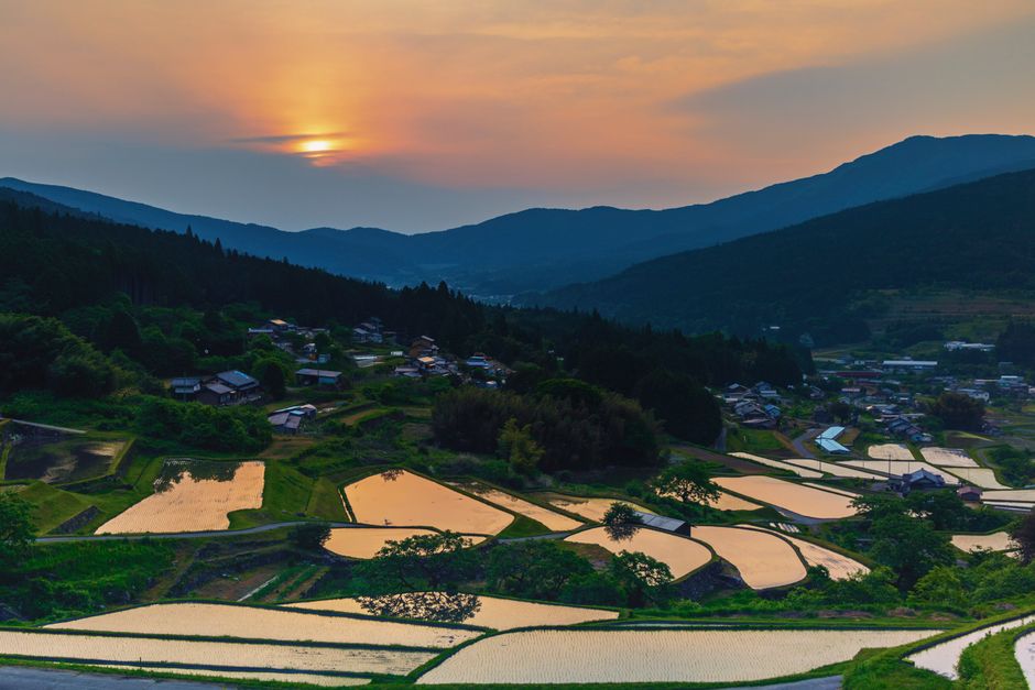 Beautiful aerial view of terraced fields in Ena, Gifu, Japan at sunset.