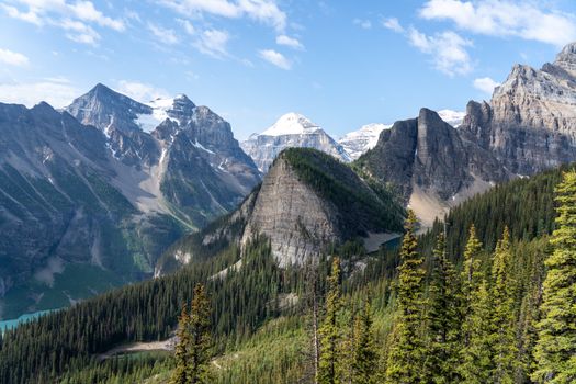 Beautiful Rocky Mountain landscape in Banff National Park, showcasing towering peaks and lush forests.