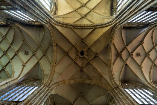 Detailed view of the Gothic ceiling architecture of St. Vitus Cathedral in Prague, Czech Republic.