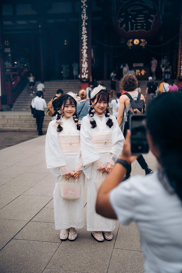 Standing Girls Posing In Kimono