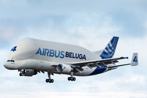 Free Airbus Beluga aircraft flying through a clear sky, showcasing its distinct design. Stock Photo