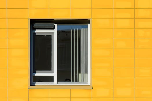 Close-up of a modern yellow building facade with a window, showcasing geometric architecture.