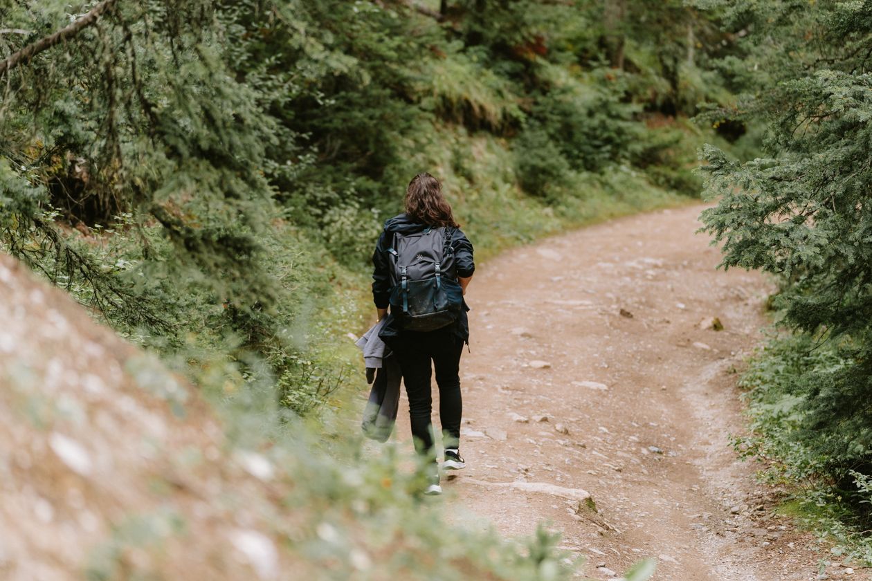 Hiker walking down a sunny dirt trail through trees