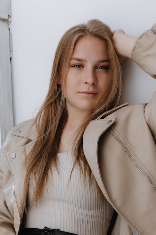 Blonde Woman in Leather Beige Biker Jacket