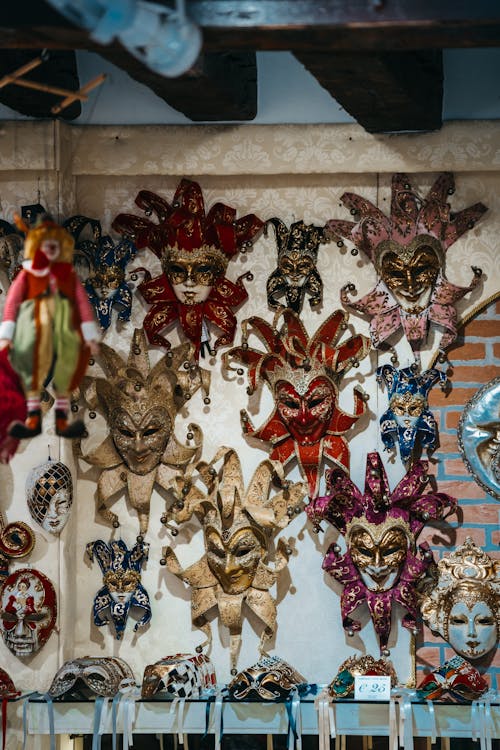 Colorful Costume Masks on Wall