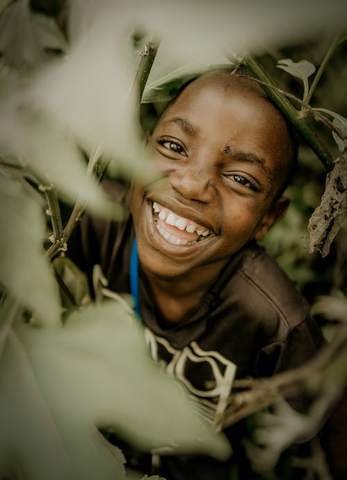 Smiling Boy Face behind Leaves