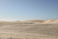 广阔的沙漠中，起伏的沙丘在湛蓝天空下，是隔离与自然美景的缩影