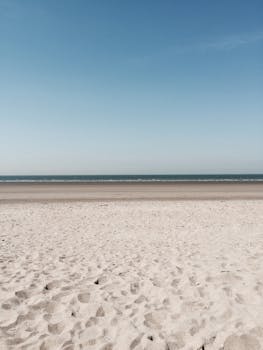 A tranquil deserted beach scene with soft sand and a peaceful horizon under a clear blue sky.