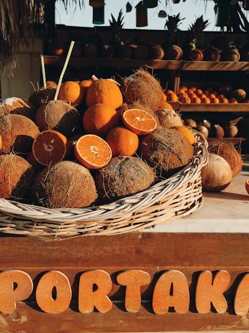 Basket with Oranges and Coconuts