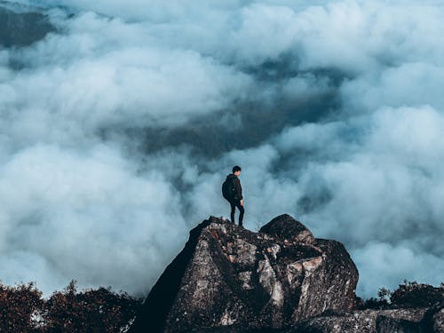 Free Backpacker Standing on a Rock Formation  Stock Photo