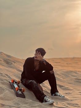 Young man sitting on sandy beach with skateboard, covering face from sun.