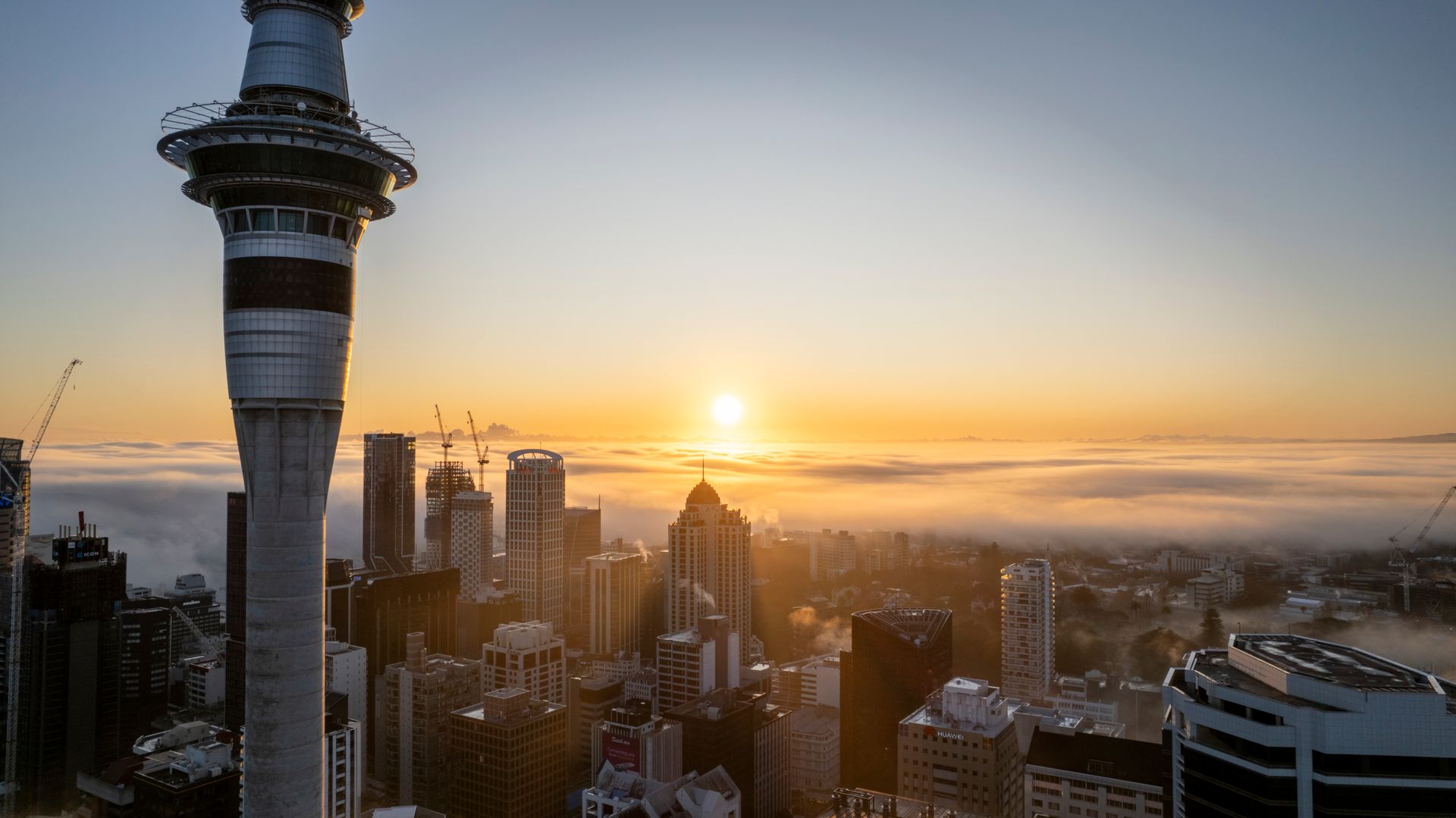 Breathtaking sunrise over Auckland cityscape featuring the iconic Sky Tower amidst fog.