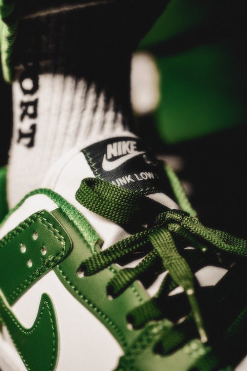 Closeup of Green Nike Dunk Low Shoe