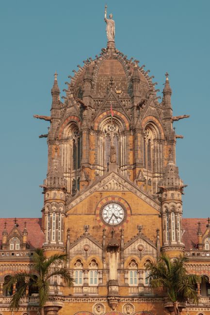 The iconic Chhatrapati Shivaji Terminus clock tower, a UNESCO World Heritage Site in Mumbai.