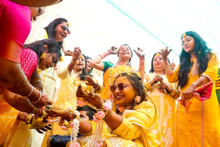 Happy Bride Among Smiling Bridesmaids