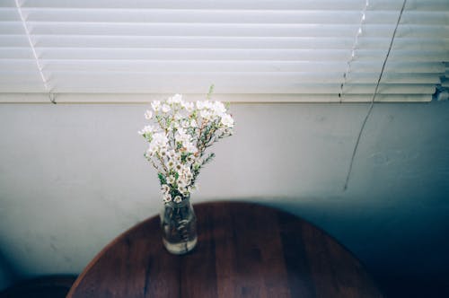 A Bunch of White Flowers in a Glass Vase on the Table 