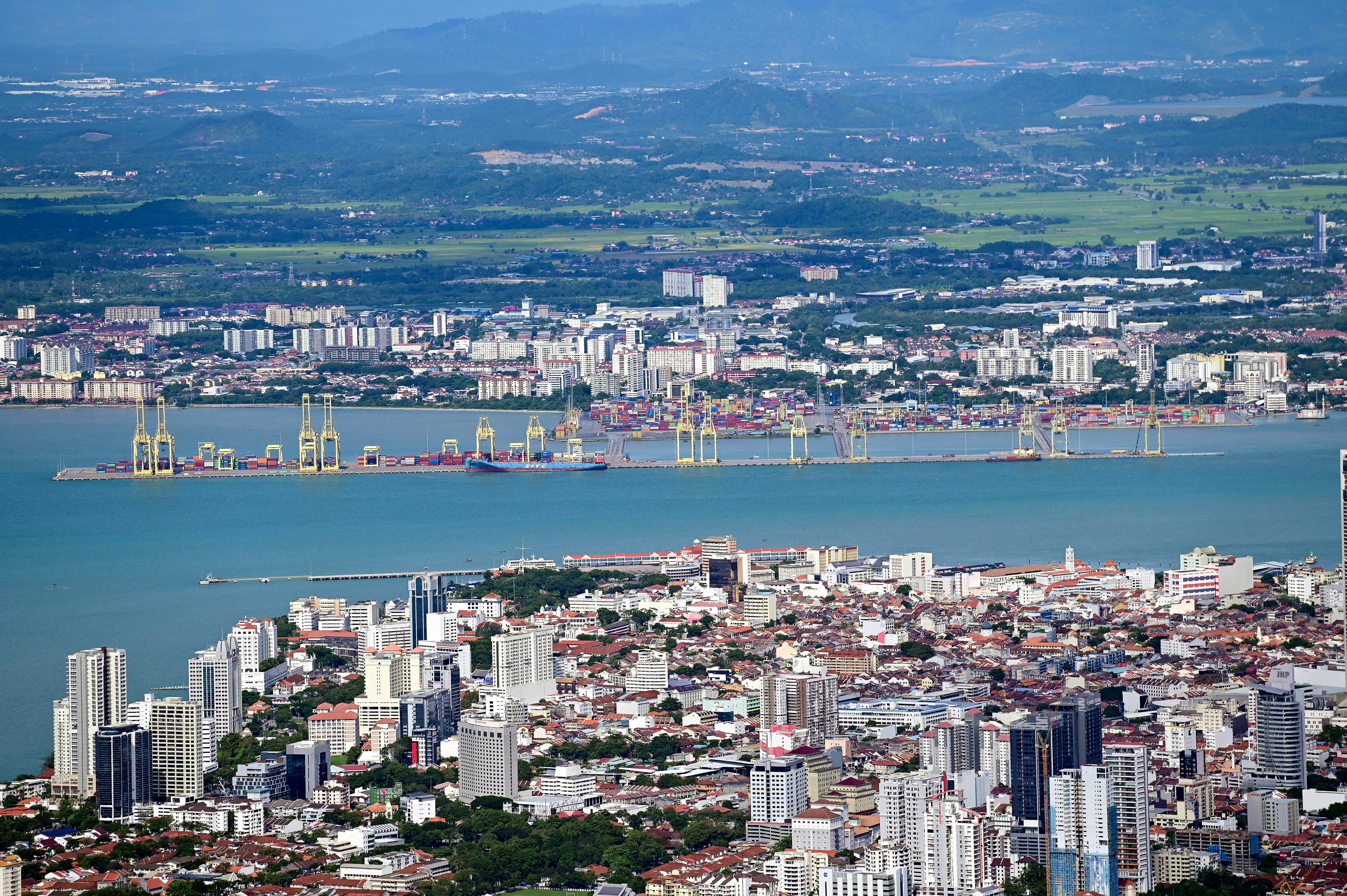 Stunning aerial view of George Town cityscape with bustling port in Penang, Malaysia. - George Town (Penang)