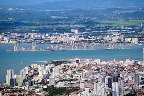 Aerial View of a Seaside City with Cargo Port, Georgetown, Malaysia