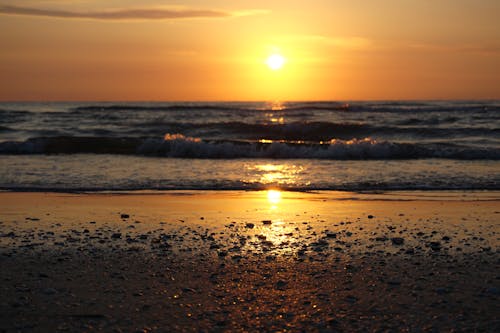 反射, 岸邊, 日落 的 免费素材图片