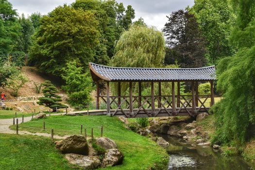 Elegant wooden footbridge over stream in green park with lush trees and tranquil scenery.