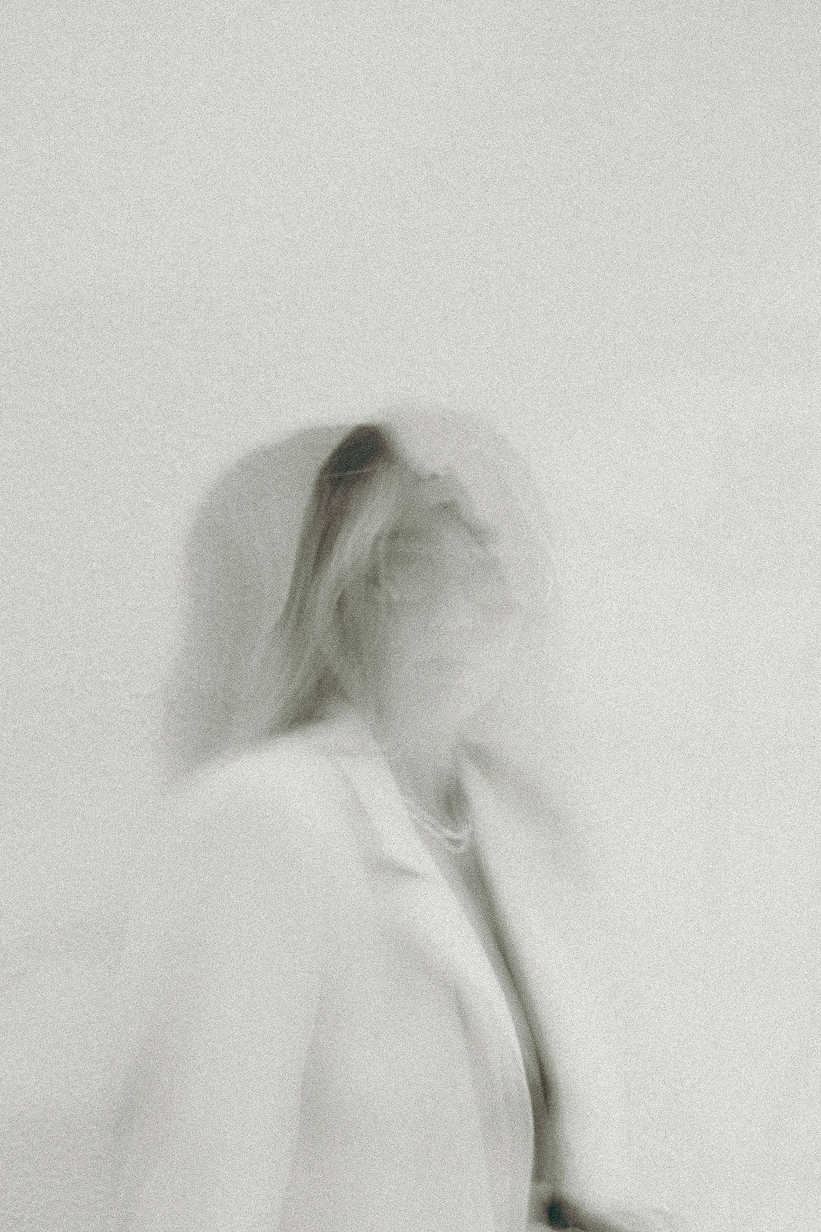 A blurred artistic portrait of a woman in motion, creating a ghostly effect.